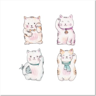 Maneki Neko - Watercolor Kawaii Japanese Lucky Cats Posters and Art